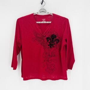 Lane Bryant True Y2K V-neck 3/4 sleeves fleur-de-lis wings graphic size 26/28